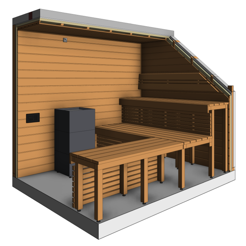 Wooden outdoor structure with benches and a roof on a white background