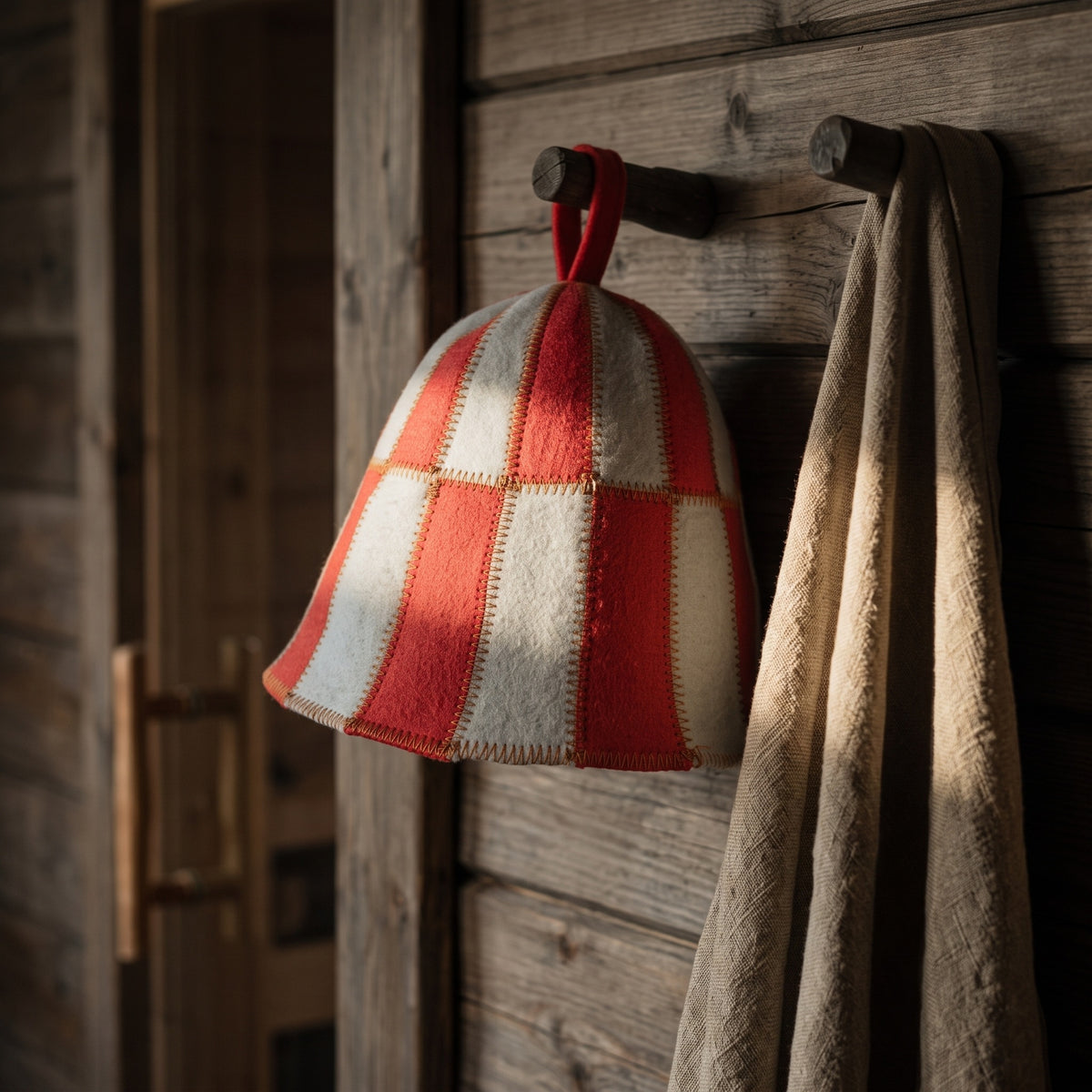 Sauna Hat Red/White (Polyester Felt) - hanging on a sauna peg