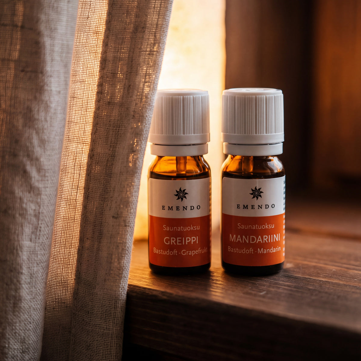 Emendo Grapefruit & Mandarin Sauna Scents (2 x 10ml) - lifestyle by linen curtain