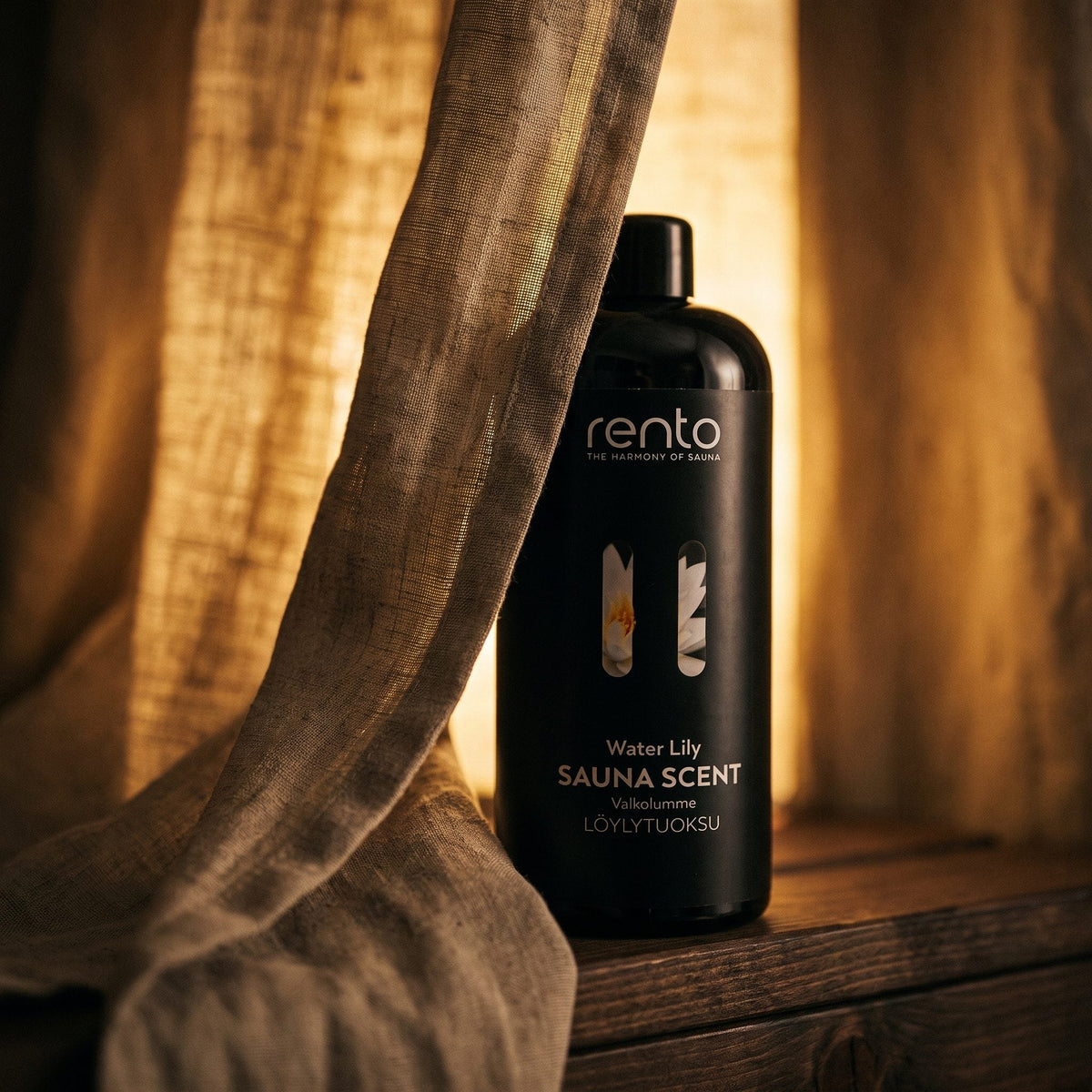 Rento Water Lily Sauna Scent 400ml - lifestyle behind linen curtain