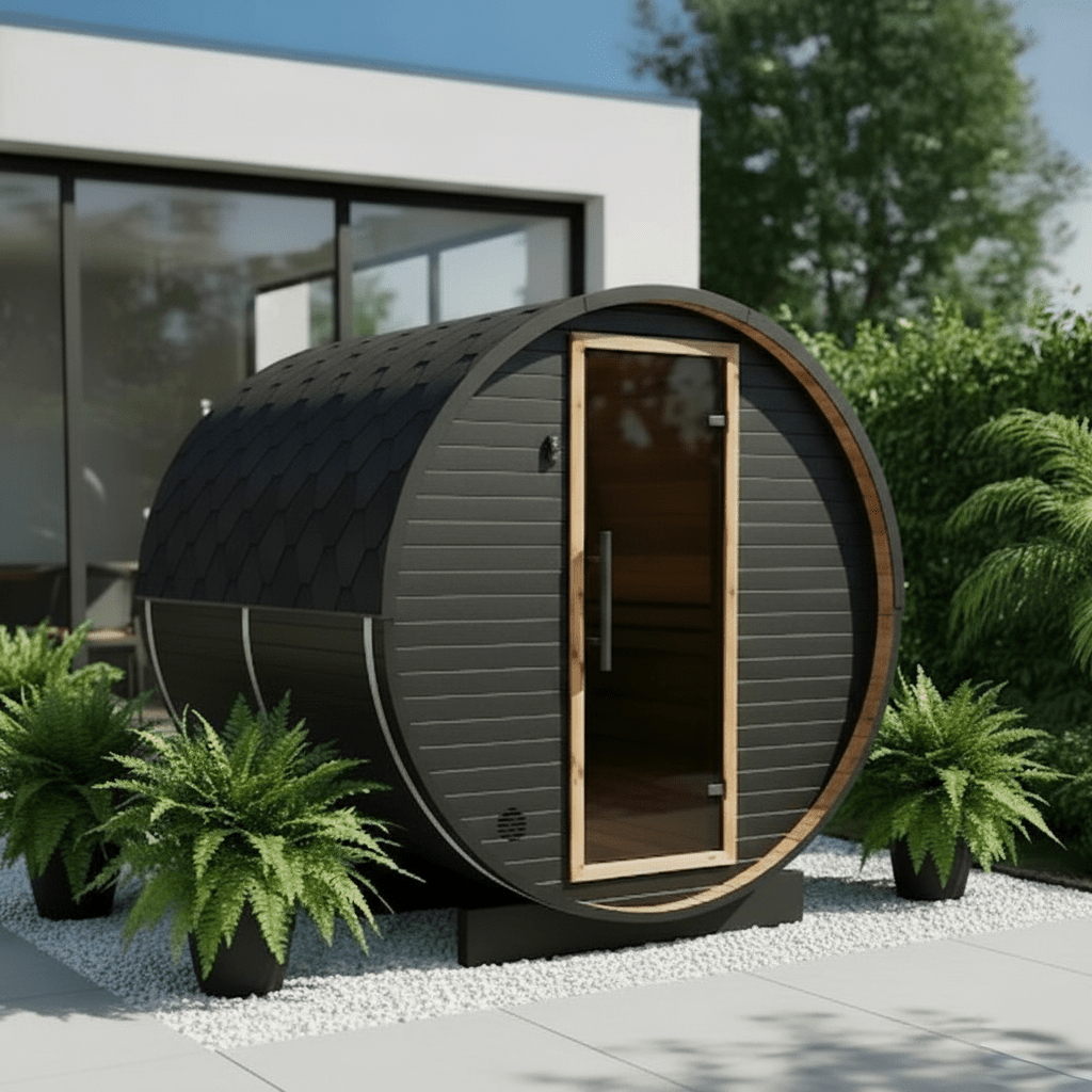 Wood Barrel Sauna (4-6 Person) in Regular Black