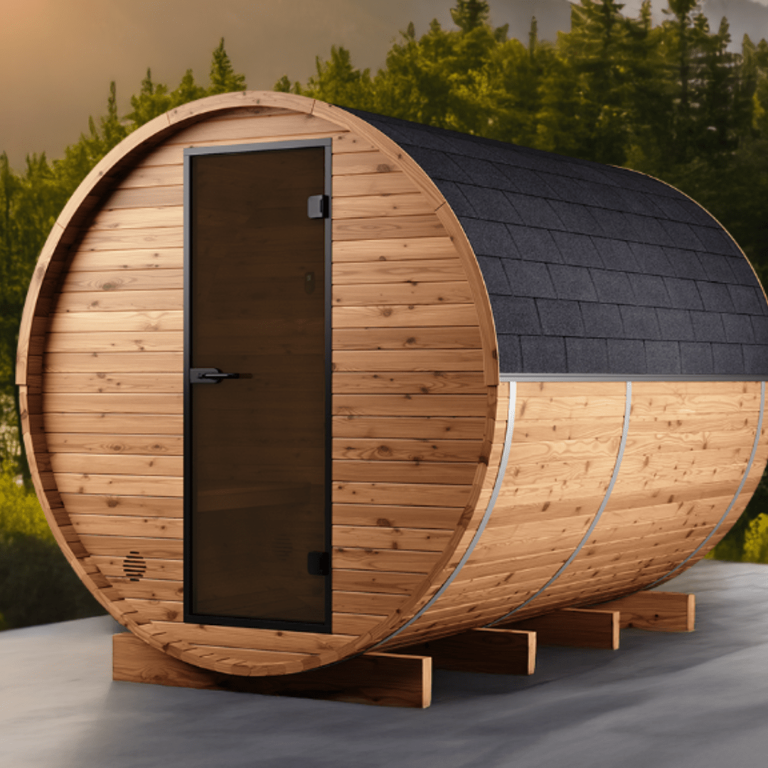 Thermo Wood Barrel Sauna - Regular with Changing Room (4 - 6 Person) Barrel Sauna | Finnmark Sauna