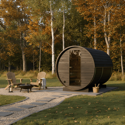 Thermo Wood Barrel Sauna - Regular with Changing Room Black (2 - 4 Person) Barrel Sauna | Finnmark Sauna
