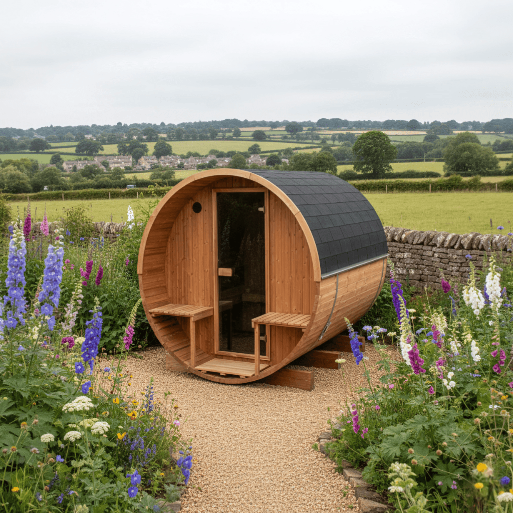 Thermo Wood Barrel Sauna - Regular with Relaxation Terrace (2 - 4 Person) Barrel Sauna | Finnmark Sauna