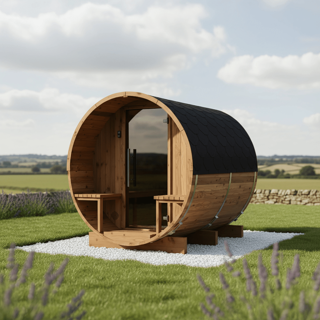 Small Wood Barrel Sauna with Relaxation Terrace (2-4 Person)