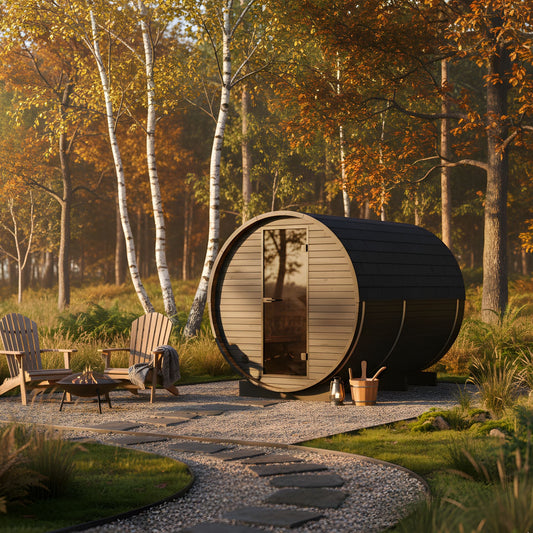 Thermo Wood Barrel Sauna with Window - Regular with Changing Room Black (2 - 4 Person) Barrel Sauna | Finnmark Sauna