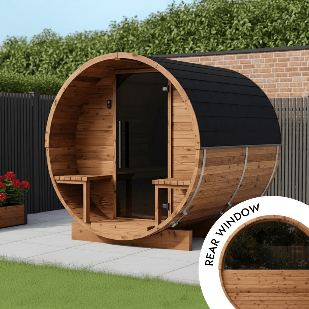 Thermo Wood Barrel Sauna with Window - Regular with Relaxation Terrace (2 - 4 Person) Barrel Sauna | Finnmark Sauna