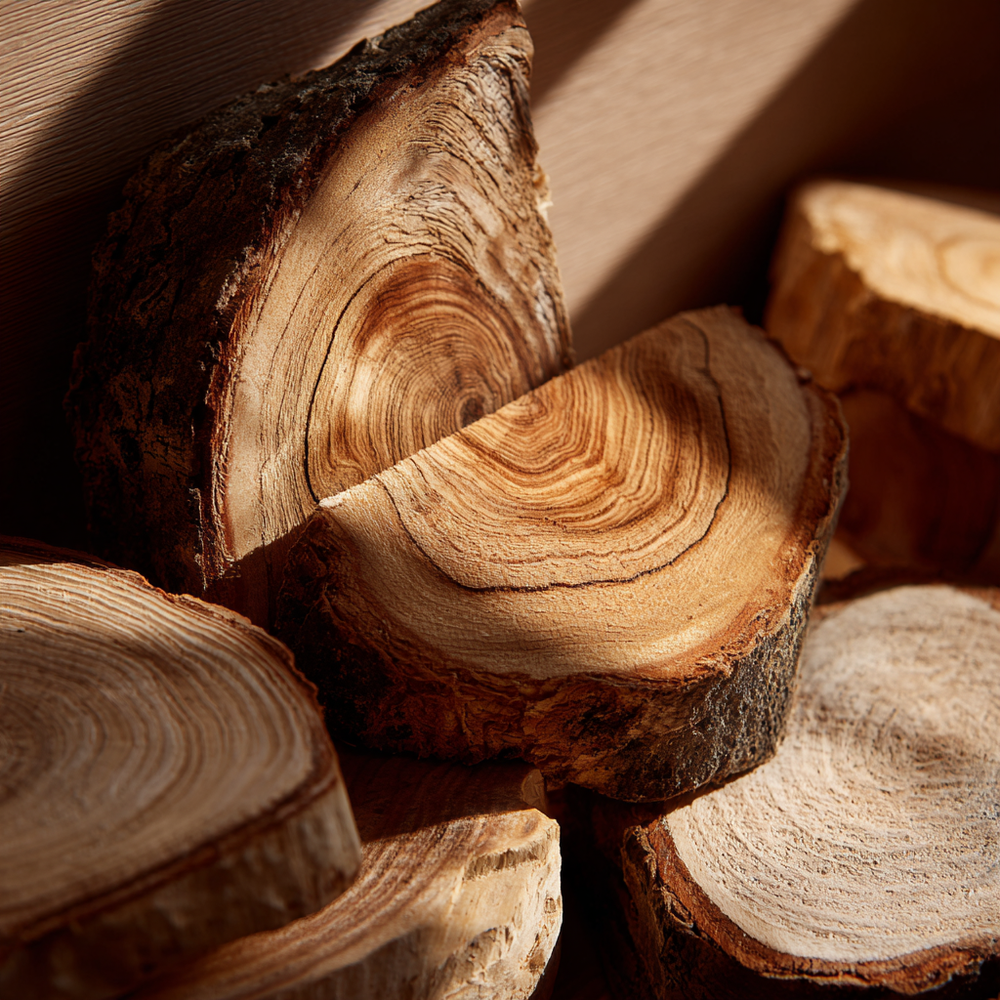 Stack of cut wooden logs with a warm brown color.