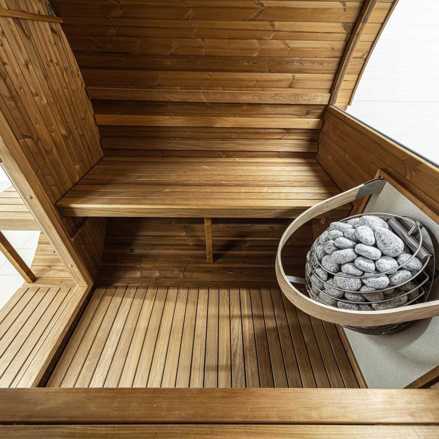 Thermo Wood Barrel Sauna - Small with Relaxation Terrace (L: 223 & ø: 194 cm) Barrel Sauna | Finnmark Sauna