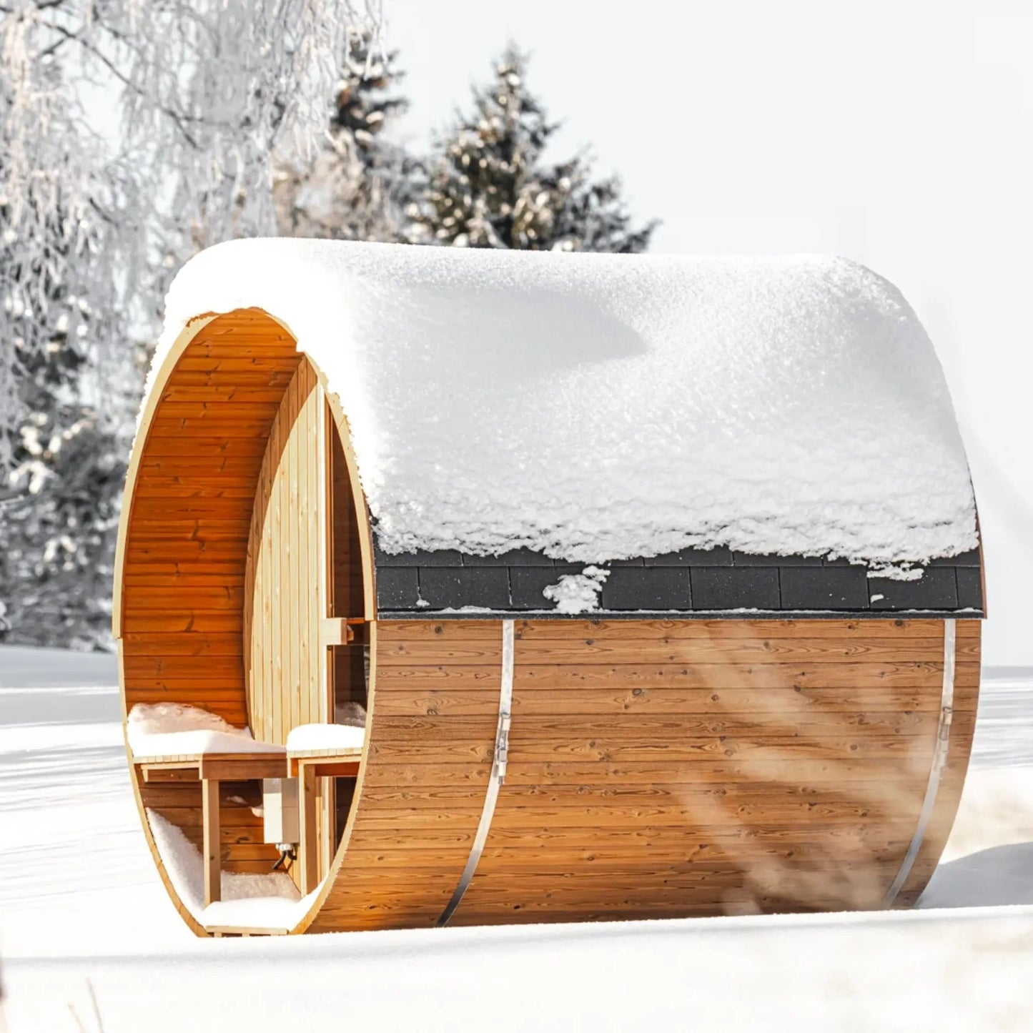Thermo Wood Barrel Sauna - Small with Relaxation Terrace (L: 223 & ø: 194 cm) Barrel Sauna | Finnmark Sauna