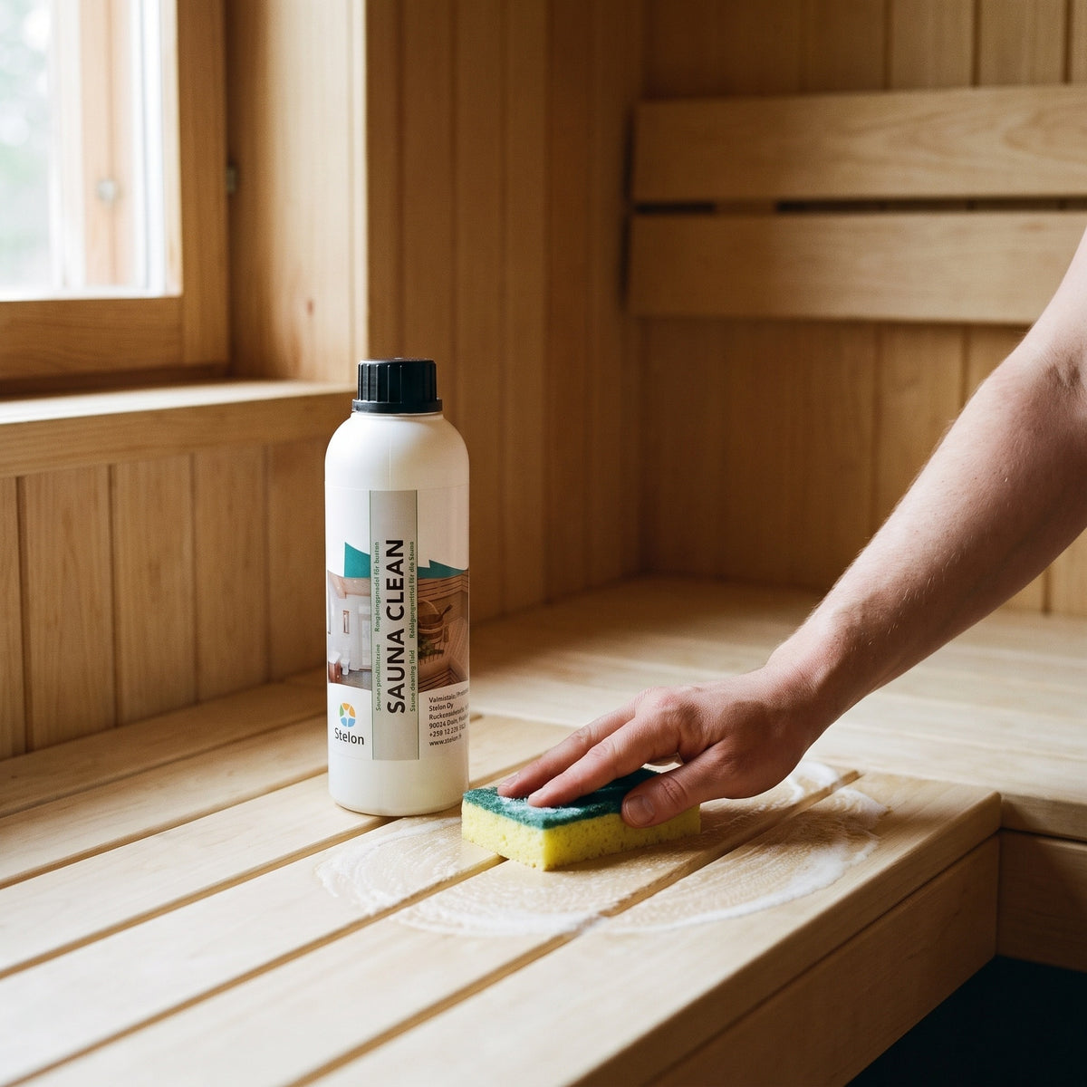 Sauna Clean - Specialist Sauna Wood Cleaner 0.5 Litre in use in a sauna