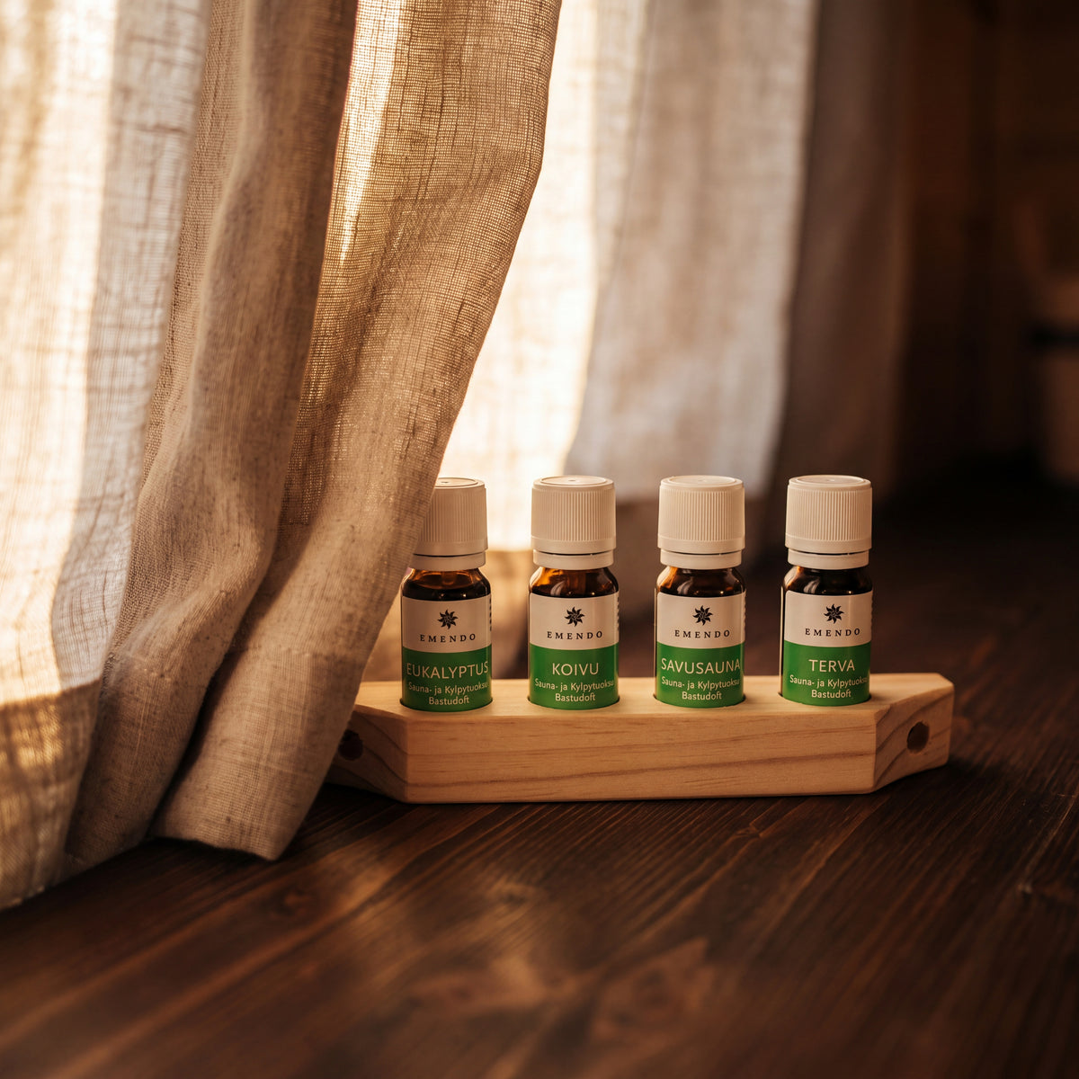 Emendo Sauna Scent Wall Rack (4 x 10ml) - lifestyle by linen curtain
