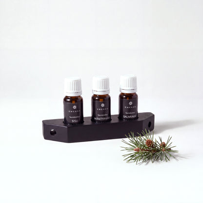 Emendo Black Sauna Scent Wall Rack Set (3 x 10ml) with pine sprig