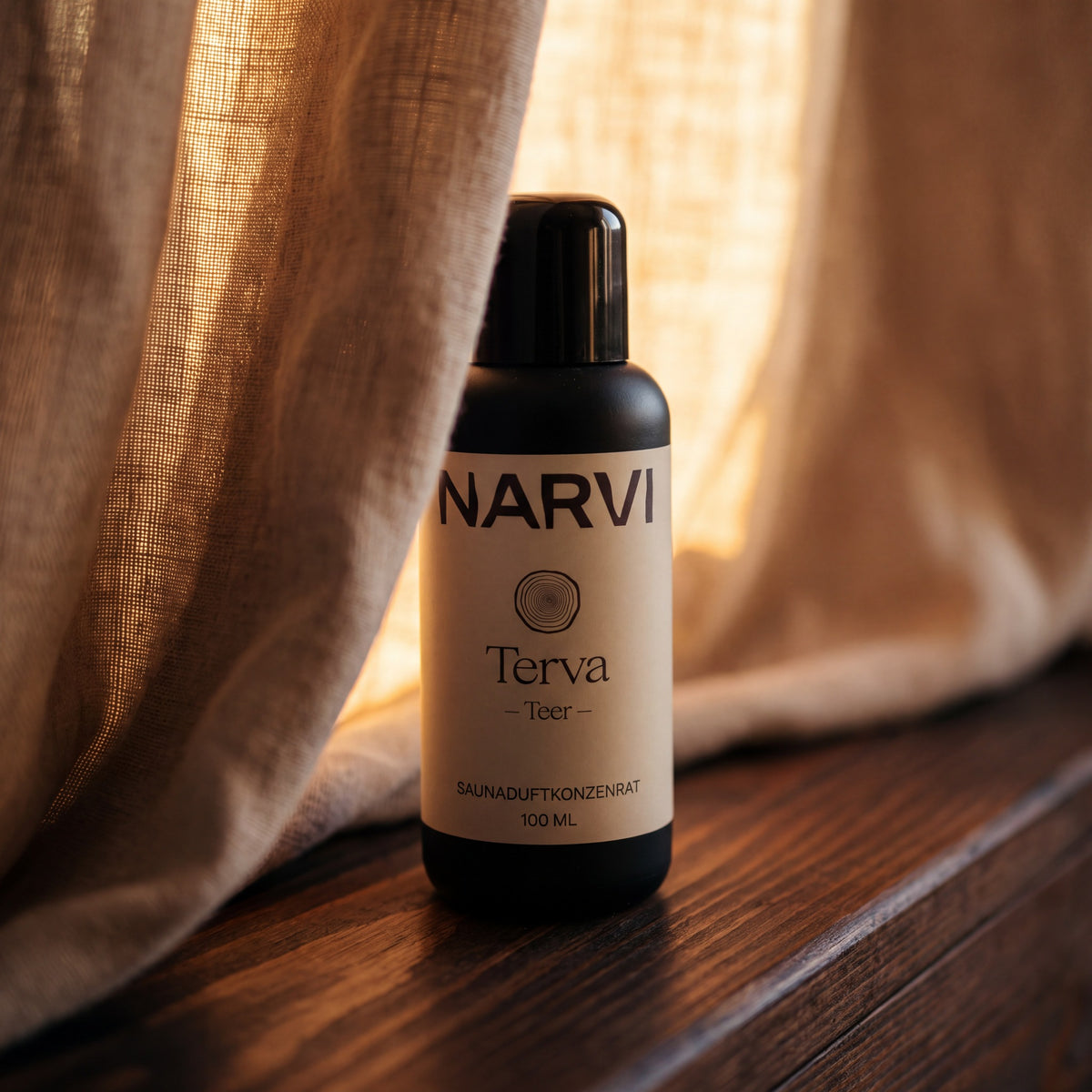 Tar Sauna Scent by Narvi (100ml) - lifestyle by linen curtain