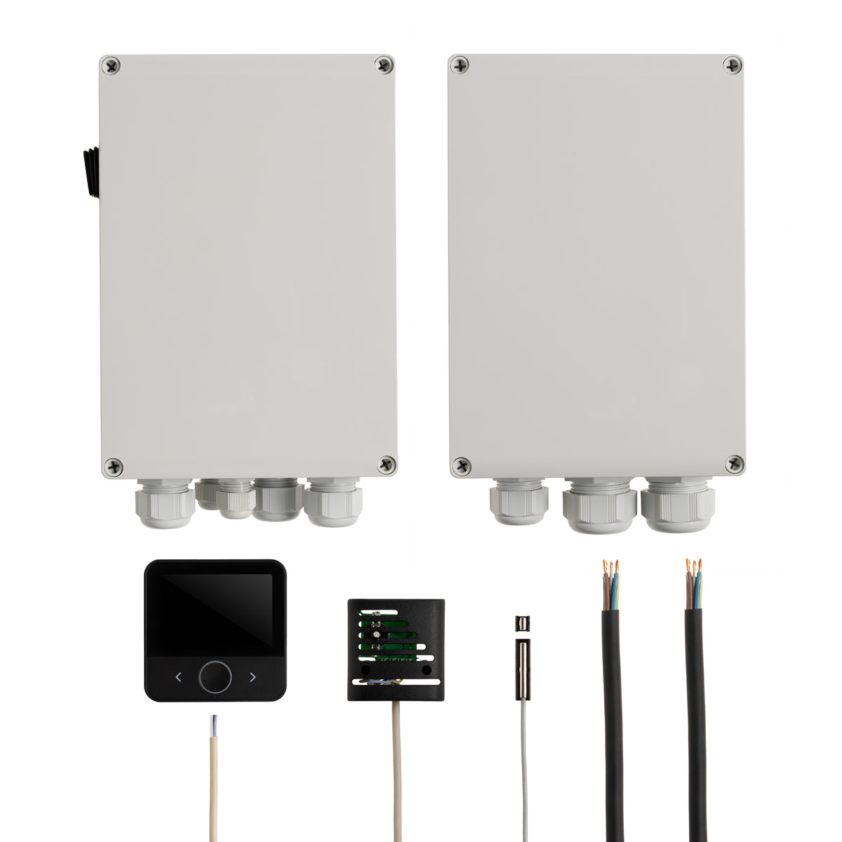 Narvi Flow Wi-Fi controller package for 11–18kW sauna heaters: power unit, power extension unit, control panel, temperature sensor.
