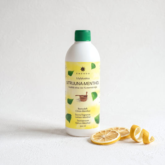 Emendo Lemon & Menthol Sauna Scent (500ml) with dried lemon slices