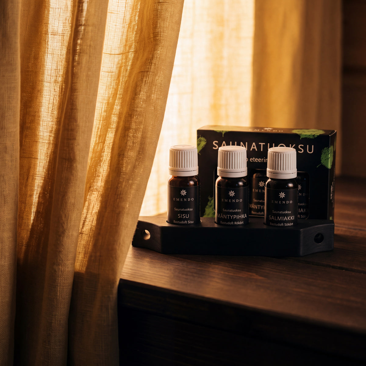 Emendo Black Sauna Scent Wall Rack Set (3 x 10ml) - lifestyle by linen curtain
