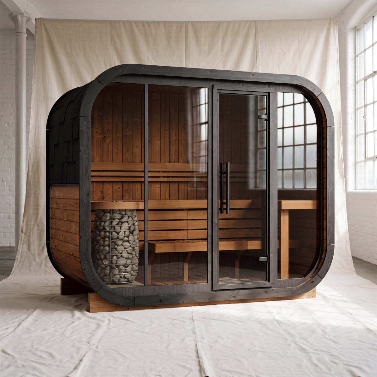 Ralva Large rounded outdoor sauna with a full glass front and bitumen shingle roof