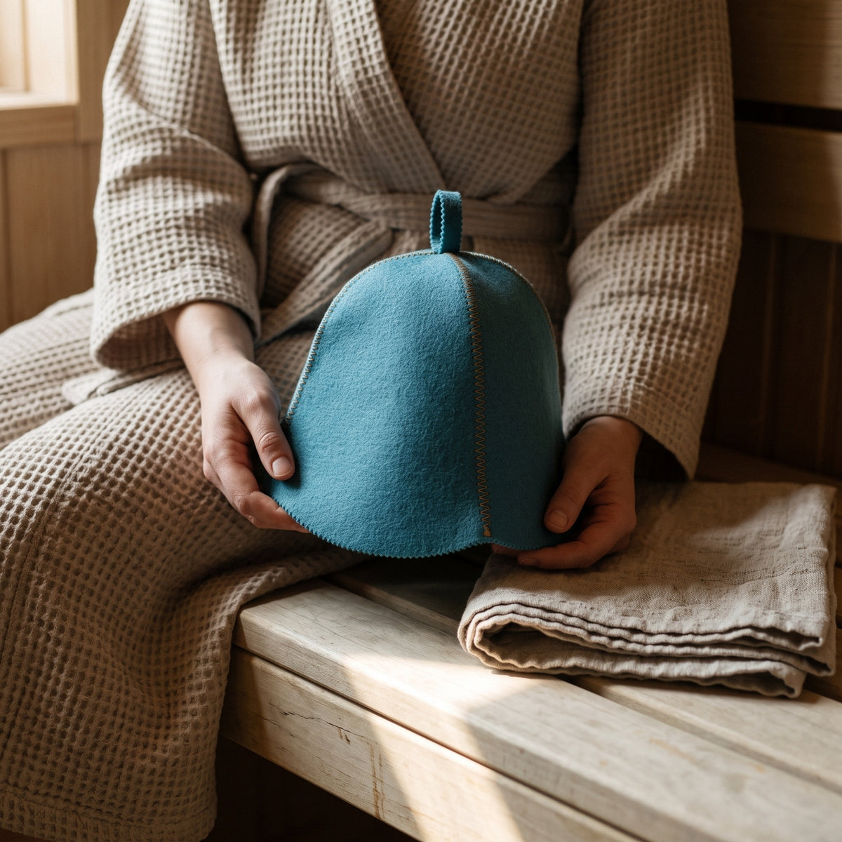 Traditional Lightweight Light Blue Felt Sauna Hat - held in hands