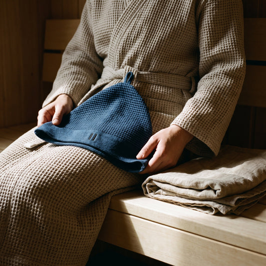 Rento Kenno Sauna Hat Dark Blue - held in hands