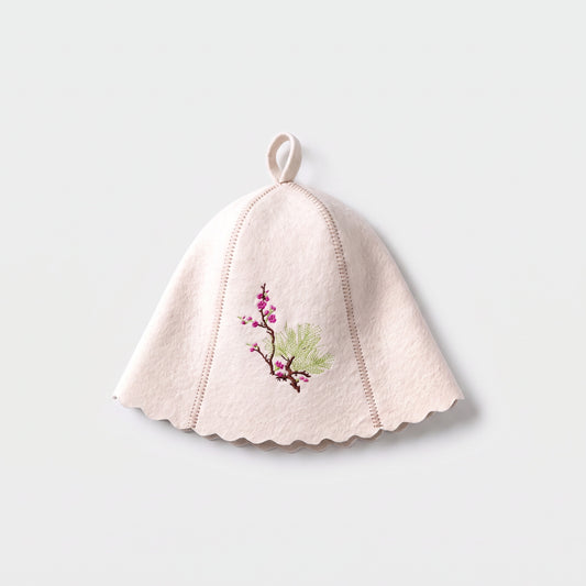 White Felt Sauna Hat with Blossoming Sakura Embroidery - flat lay