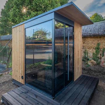 Finnmark EDEN® Outdoor Sauna (5-6 Person) - Exterior Corner View of the Glass Window