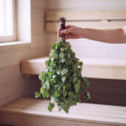 Sauna Whisk Birch & Mint - held in the sauna