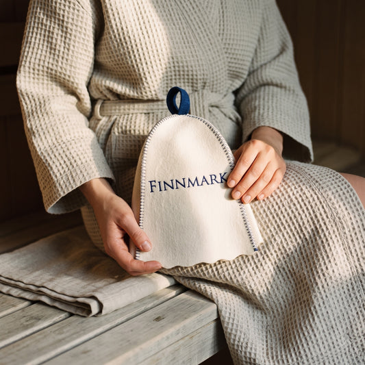 Finnmark Traditional White Sauna Hat 100% Wool - held in hands