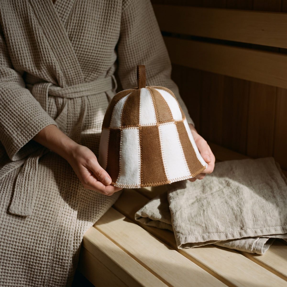 Sauna Hat Brown/White (Polyester Felt) - held in hands