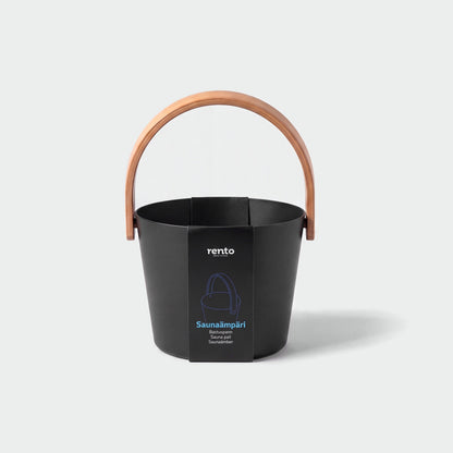 Rento 5l Anodised Aluminium Sauna Bucket in Black - hero with Rento card band