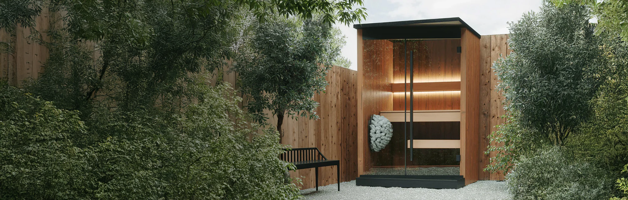 Wooden garden shed with a bench and plants in a garden setting