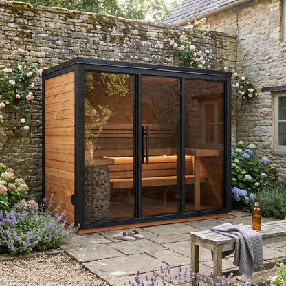 Fjelda Large outdoor sauna with a three-panel bronze tinted glazed front