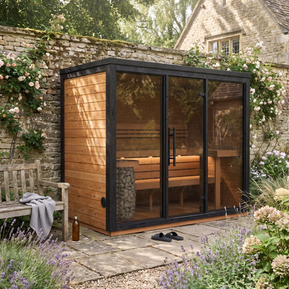 Fjelda Large outdoor sauna, glazing framed in black painted spruce