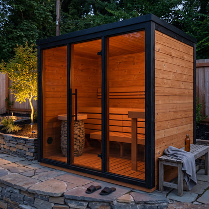Fjelda Large outdoor sauna with bench length to lie down fully