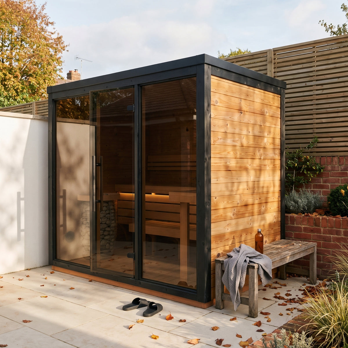 Fjelda Large outdoor sauna with 42mm thermo pine cladding
