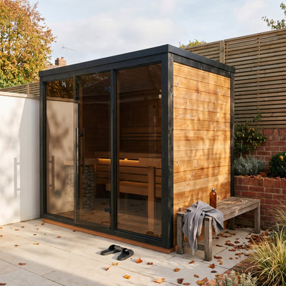 Fjelda Large outdoor sauna with 42mm thermo pine cladding