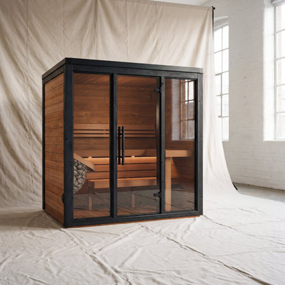 Fjelda Medium outdoor sauna with an L-shaped two-tier bench
