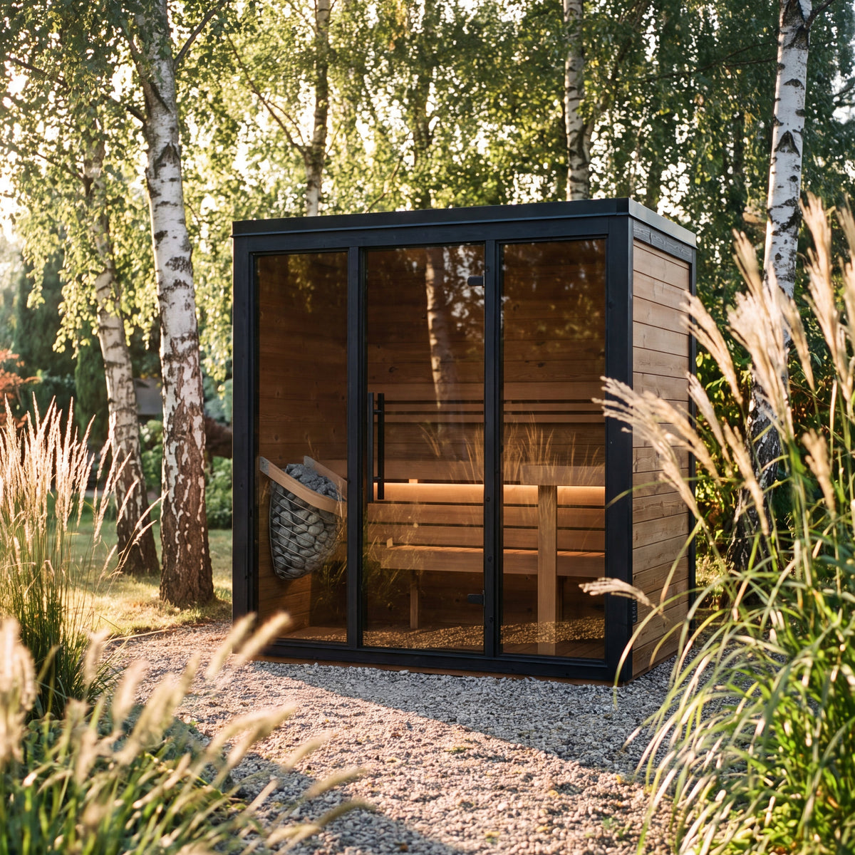 Fjelda Medium outdoor sauna with thermo alder and aspen benching