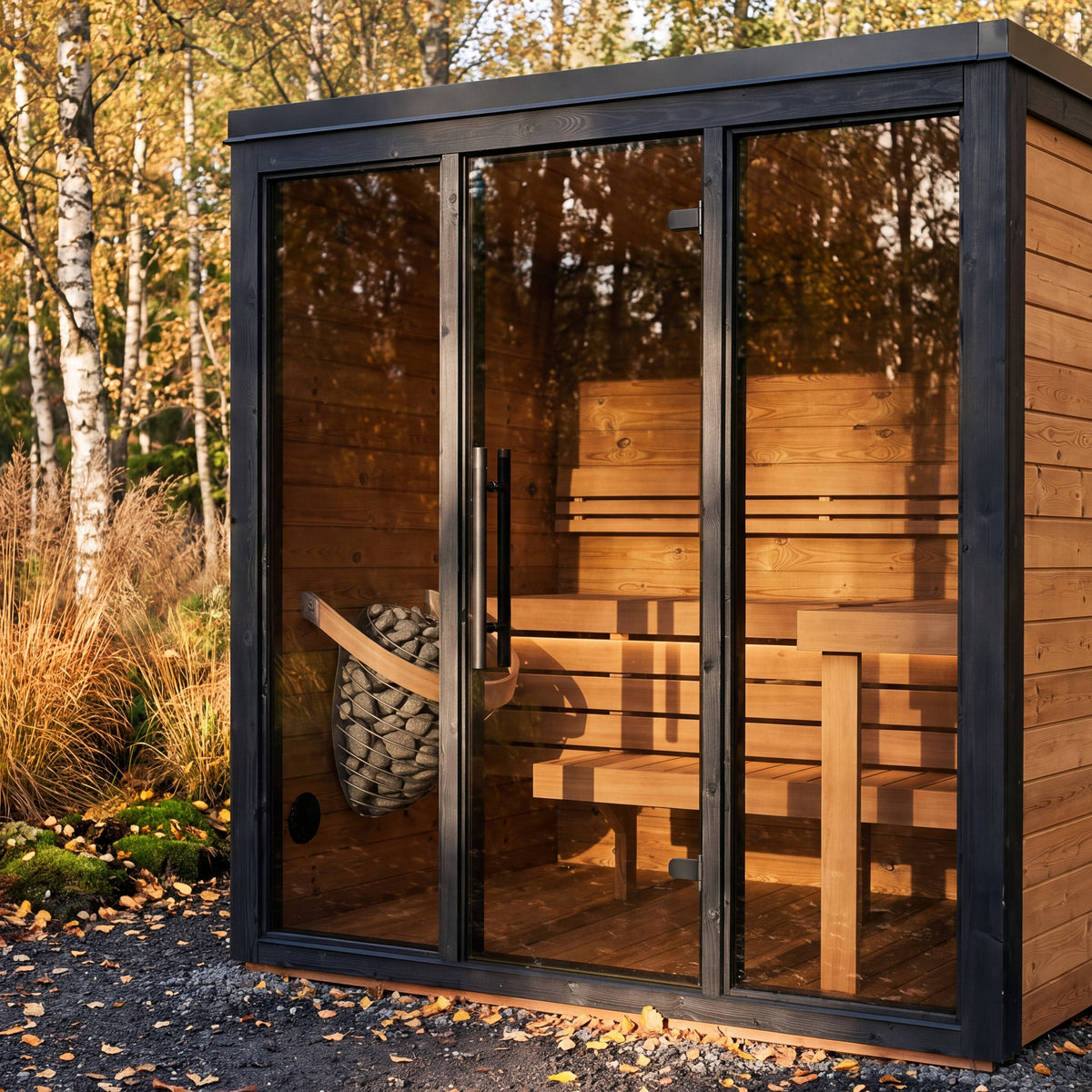 Fjelda Medium outdoor sauna, glazing framed in black painted spruce