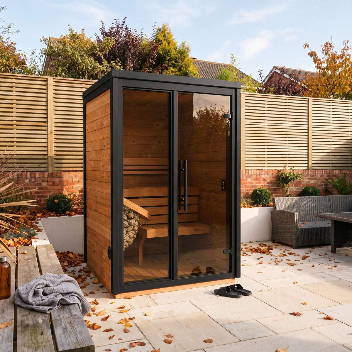 Fjelda Small outdoor sauna, glazing framed in black painted spruce