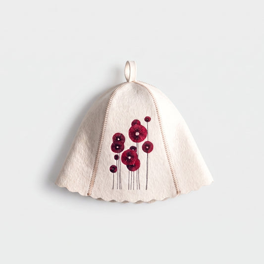 White Felt Sauna Hat with Poppies Embroidery - flat lay
