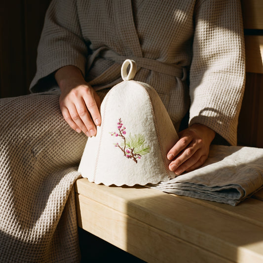 White Felt Sauna Hat with Blossoming Sakura Embroidery - held in hands