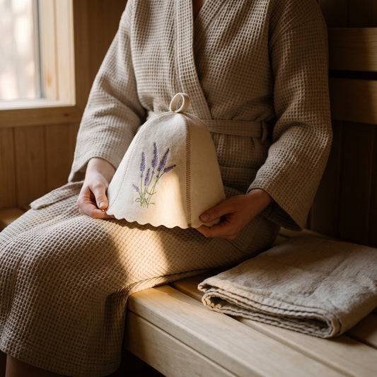 White Felt Sauna Hat with Lavender Embroidery - held in hands