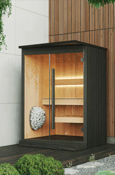 Modern outdoor sauna with wooden interior and black exterior, set against a neutral wall.