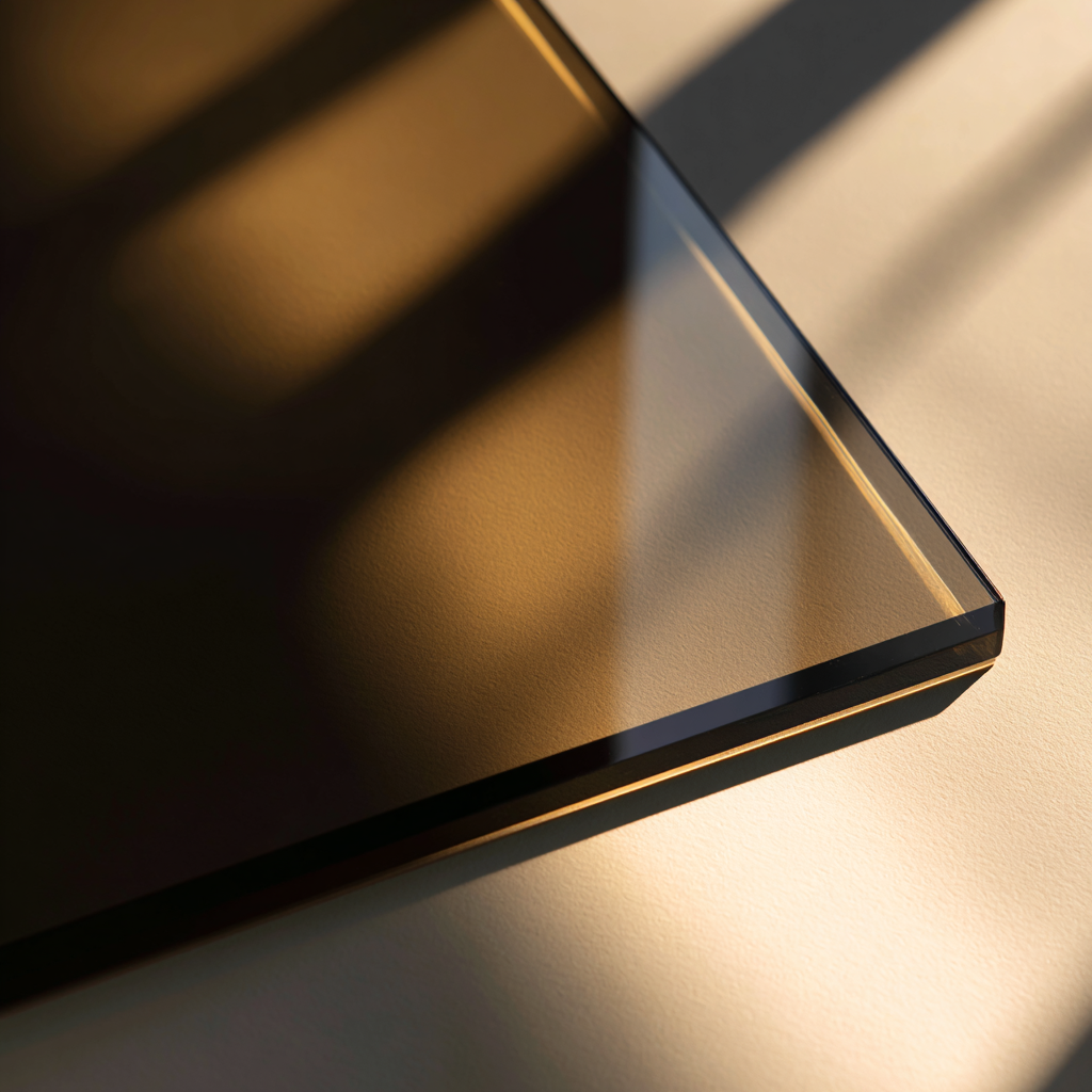 Glass shelf with a reflective surface on a neutral background
