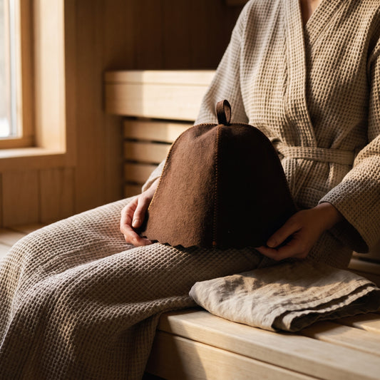 Traditional Brown Sauna Hat (100% Wool) - held in hands