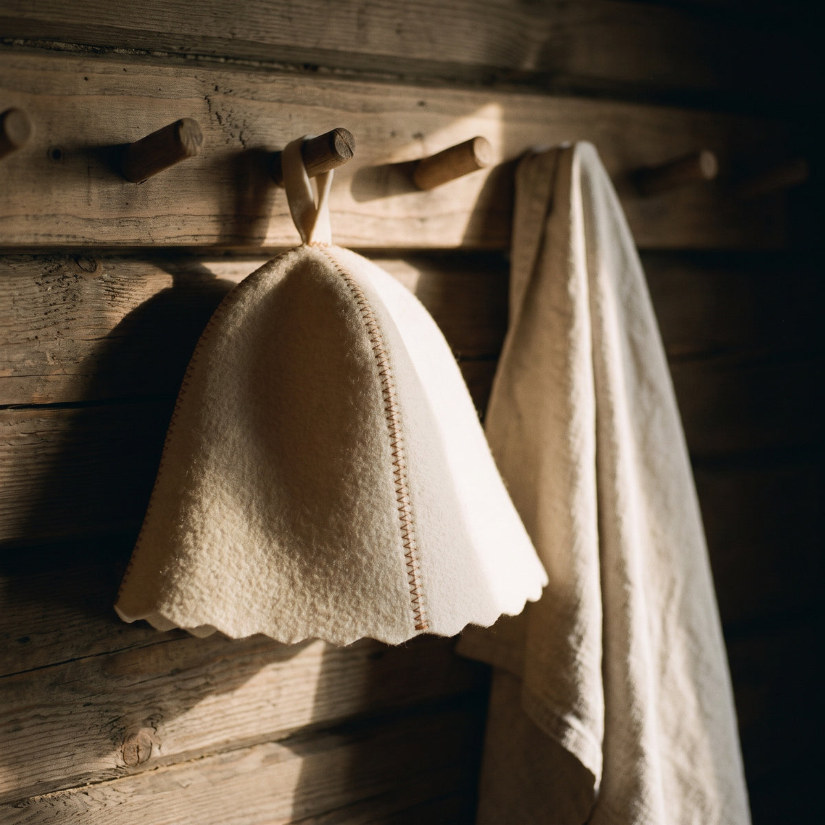 Traditional White Cream Sauna Hat (Wool Polyester) - hanging on a sauna peg