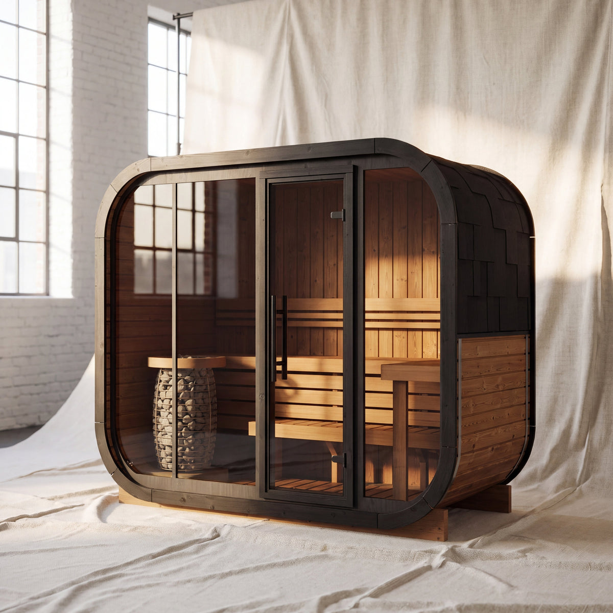 Ralva Large rounded outdoor sauna shown against a plain studio backdrop, three quarter view