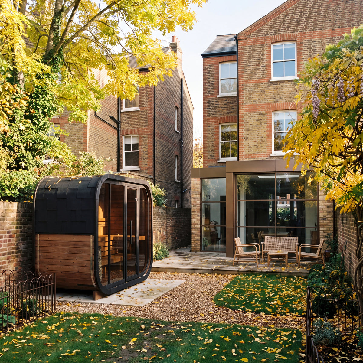 Ralva Large rounded outdoor sauna sited in the corner of a period townhouse garden