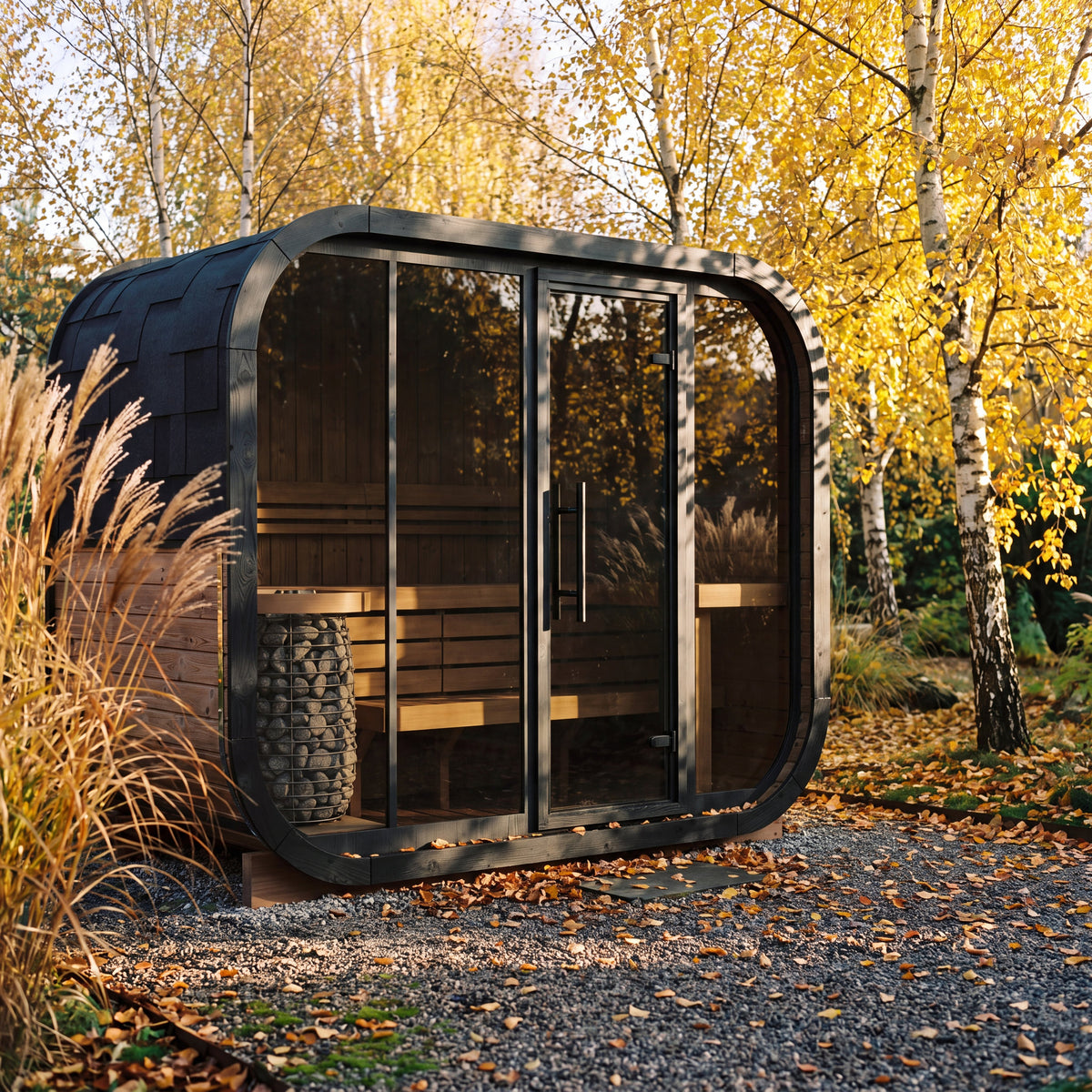 Ralva Large rounded outdoor sauna among ornamental grasses and fallen birch leaves